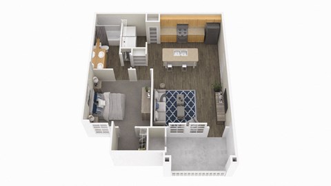 a 3d floor plan of a house with a bedroom and a living room